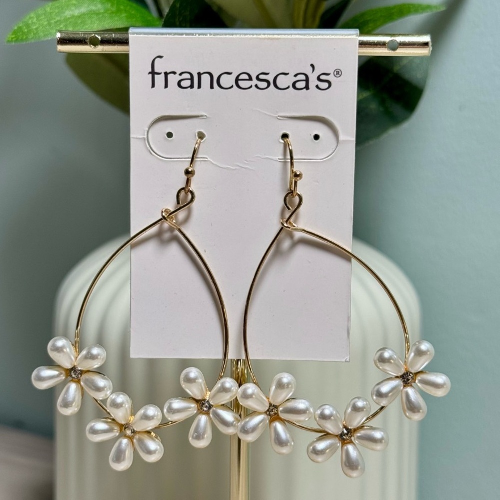 Francesca's Gold and Pearl Flower Hoop Earrings - Picture 1 of 8